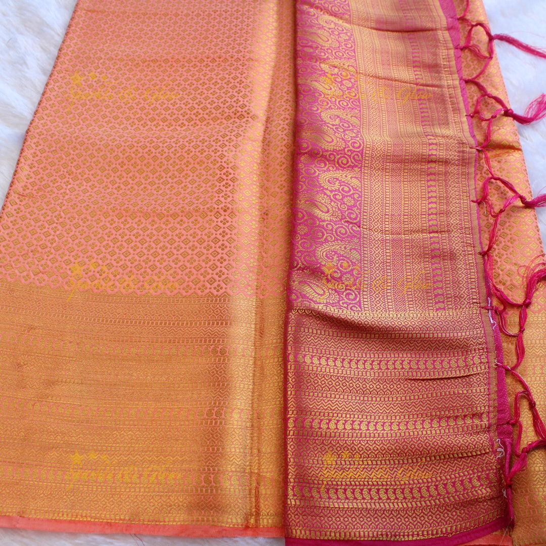 Beautiful parrot green colour with orange pallu kubera pattu soft silk saree with blouse piece - Parrot green