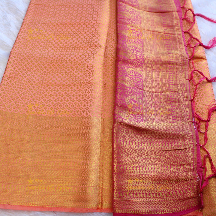 Beautiful parrot green colour with orange pallu kubera pattu soft silk saree with blouse piece - Parrot green