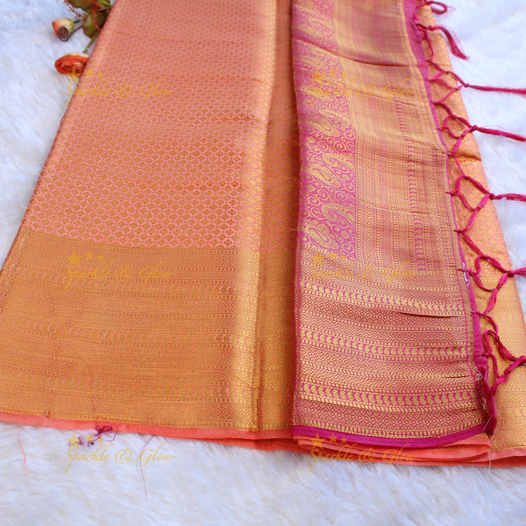 Beautiful parrot green colour with orange pallu kubera pattu soft silk saree with blouse piece - Parrot green