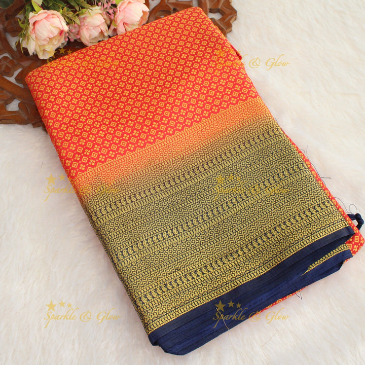 Beautiful parrot green colour with orange pallu kubera pattu soft silk saree with blouse piece - Parrot green