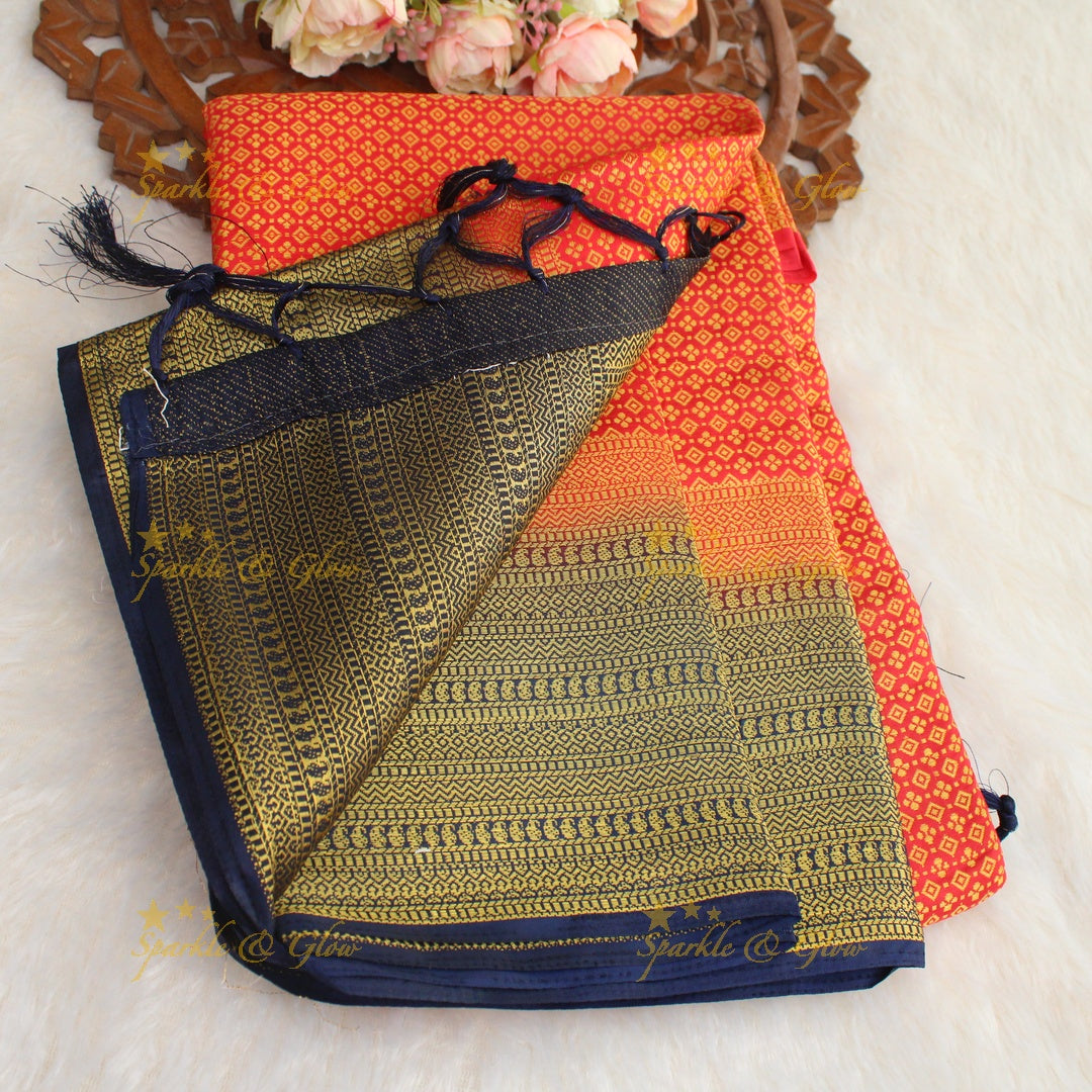 Beautiful parrot green colour with orange pallu kubera pattu soft silk saree with blouse piece - Parrot green