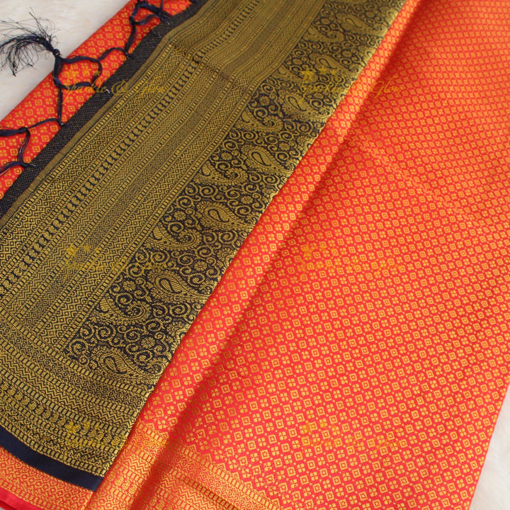 Beautiful parrot green colour with orange pallu kubera pattu soft silk saree with blouse piece - Parrot green