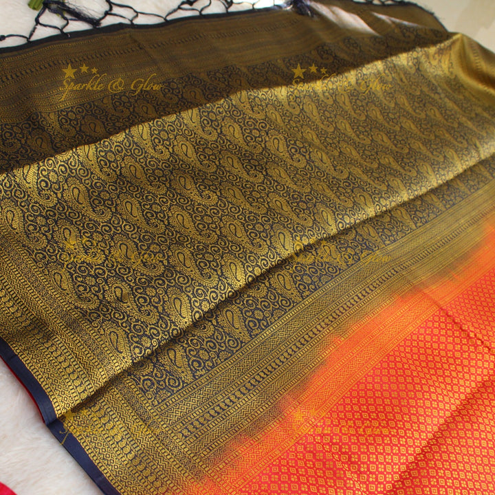 Beautiful parrot green colour with orange pallu kubera pattu soft silk saree with blouse piece - Parrot green