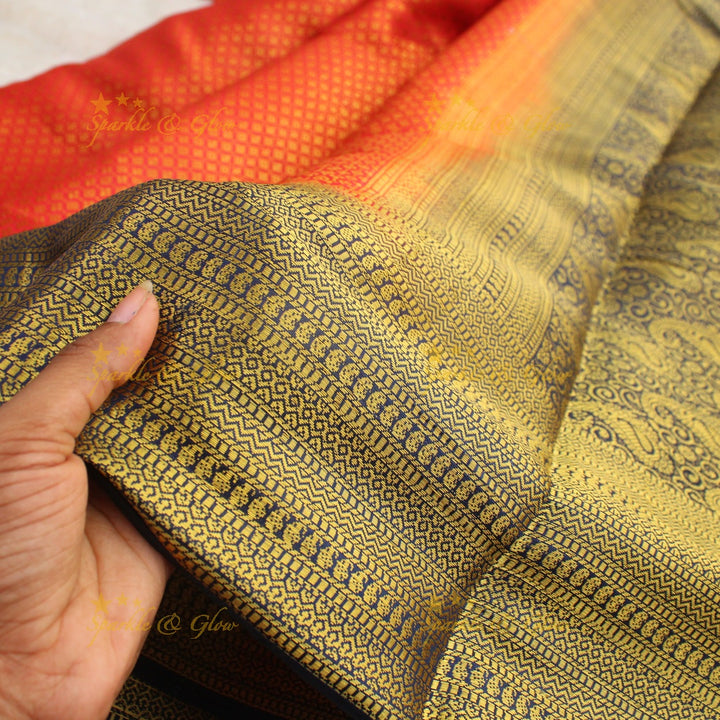 Beautiful parrot green colour with orange pallu kubera pattu soft silk saree with blouse piece - Parrot green