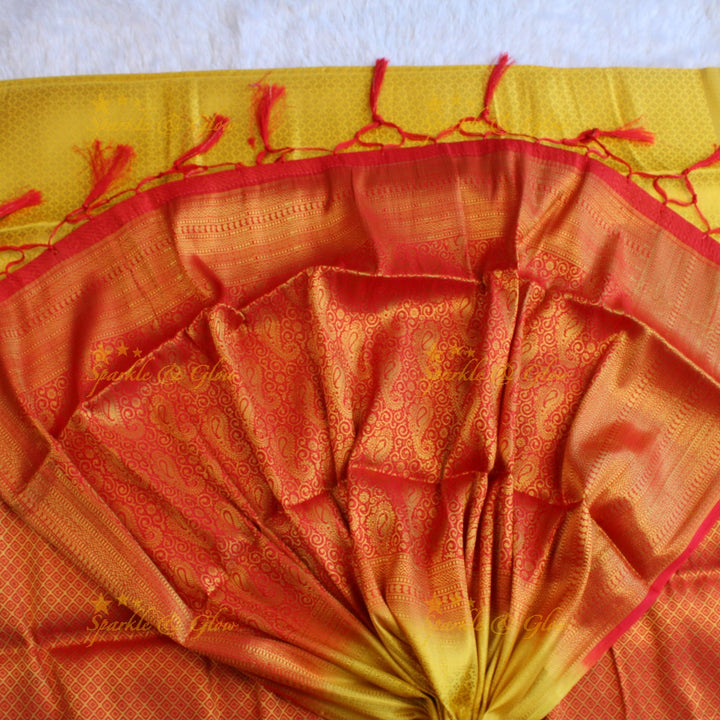 Beautiful parrot green colour with orange pallu kubera pattu soft silk saree with blouse piece - Parrot green