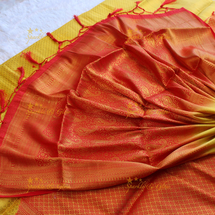 Beautiful parrot green colour with orange pallu kubera pattu soft silk saree with blouse piece - Parrot green