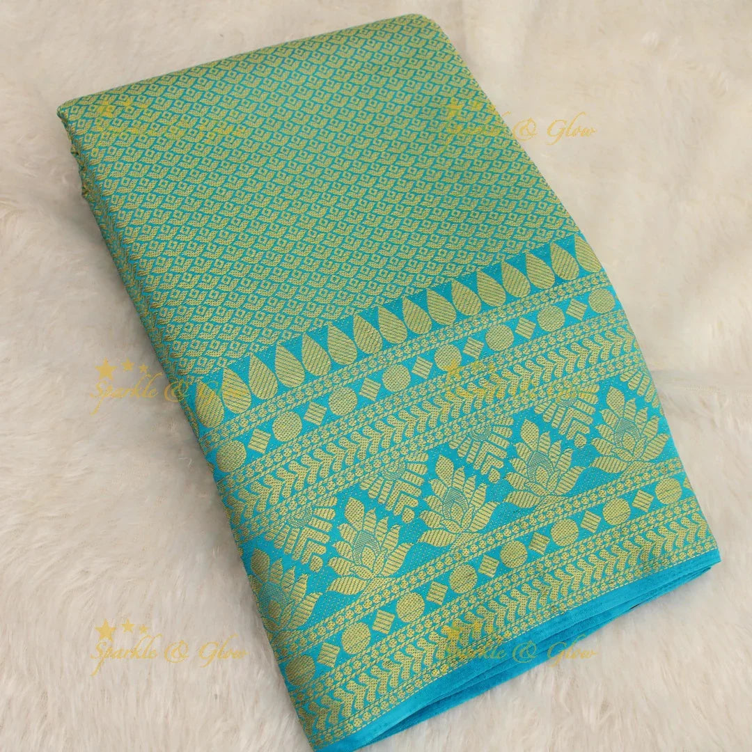 Gorgeous sky blue saree with orange pallu kubera pattu soft silk saree with blouse piece - Sparkle and Glow