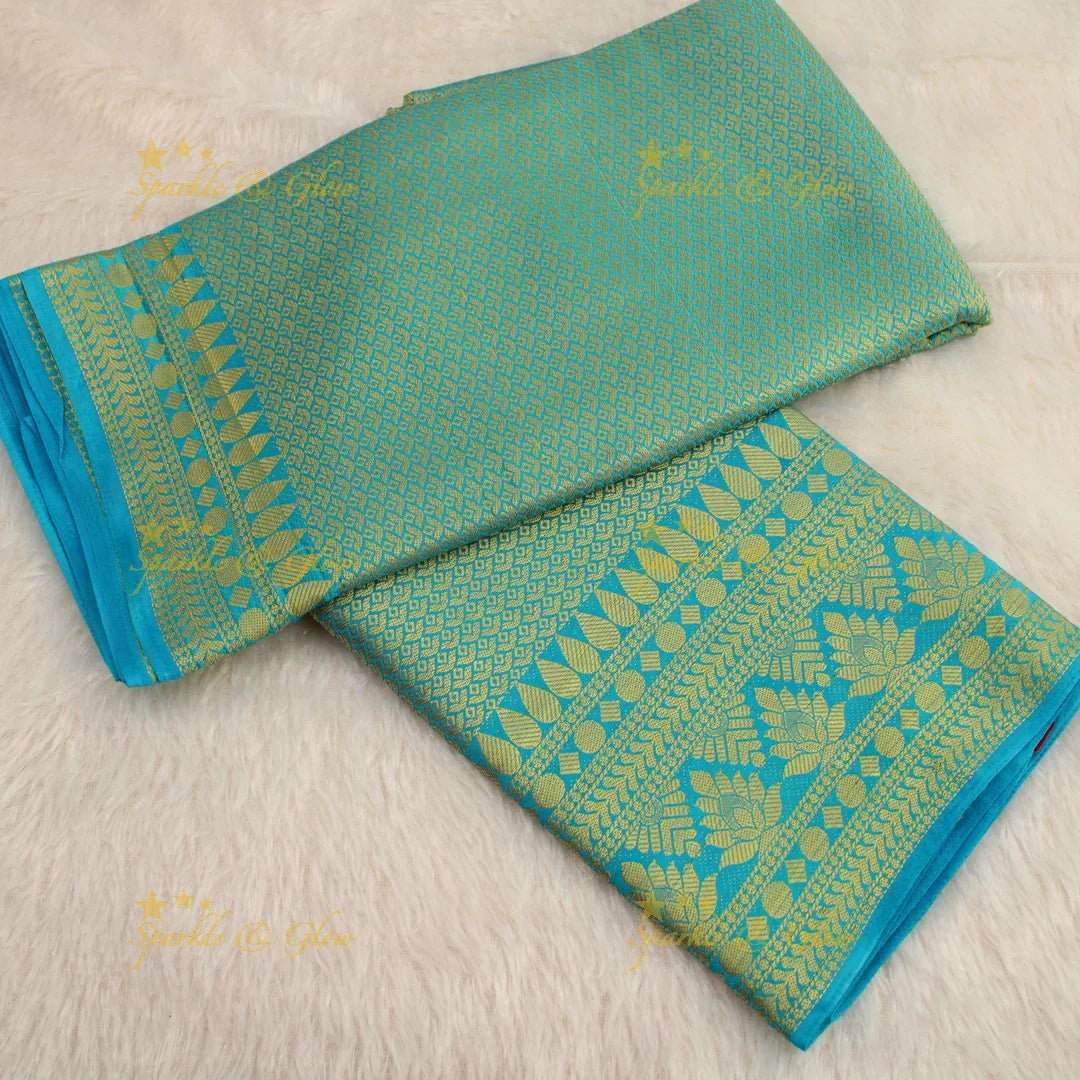 Gorgeous sky blue saree with orange pallu kubera pattu soft silk saree with blouse piece - Sparkle and Glow