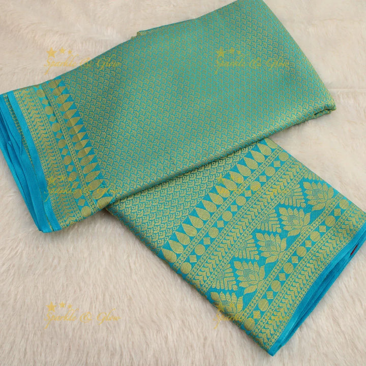 Gorgeous sky blue saree with orange pallu kubera pattu soft silk saree with blouse piece - Sparkle and Glow