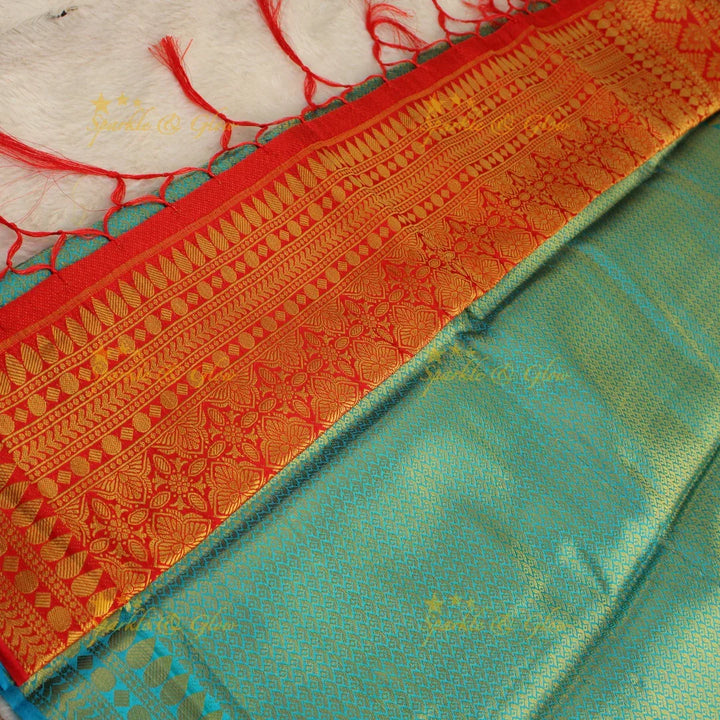 Gorgeous sky blue saree with orange pallu kubera pattu soft silk saree with blouse piece - Sparkle and Glow