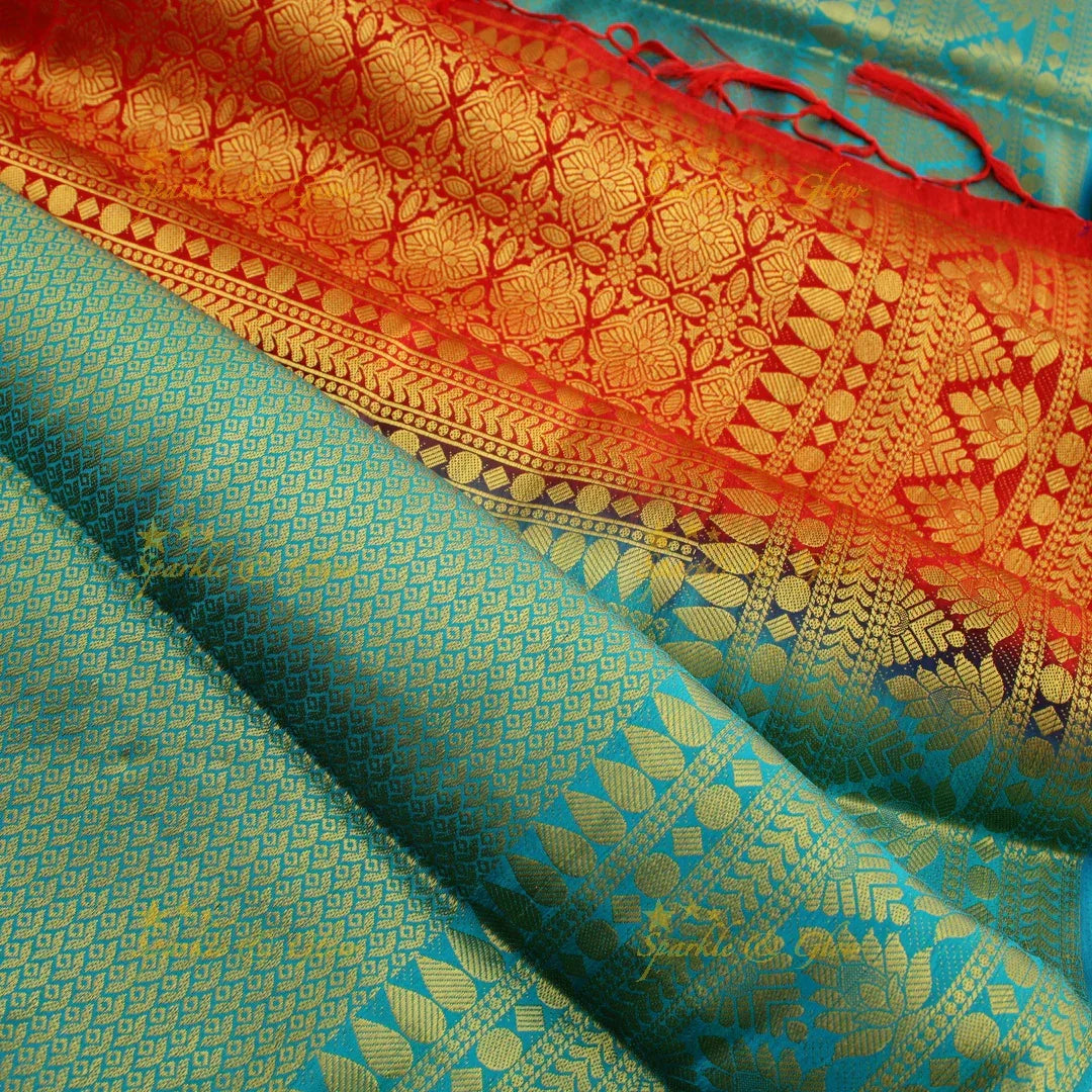 Gorgeous sky blue saree with orange pallu kubera pattu soft silk saree with blouse piece - Sparkle and Glow