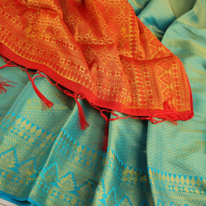 Gorgeous sky blue saree with orange pallu kubera pattu soft silk saree with blouse piece - Sparkle and Glow