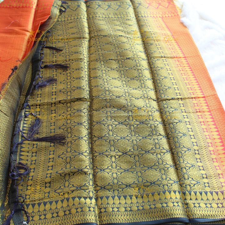 Gorgeous red saree with ink blue pallu kubera pattu soft silk saree with blouse piece - Red