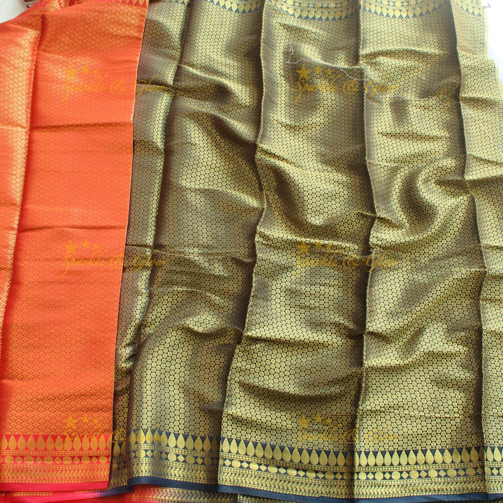 Gorgeous red saree with ink blue pallu kubera pattu soft silk saree with blouse piece - Red