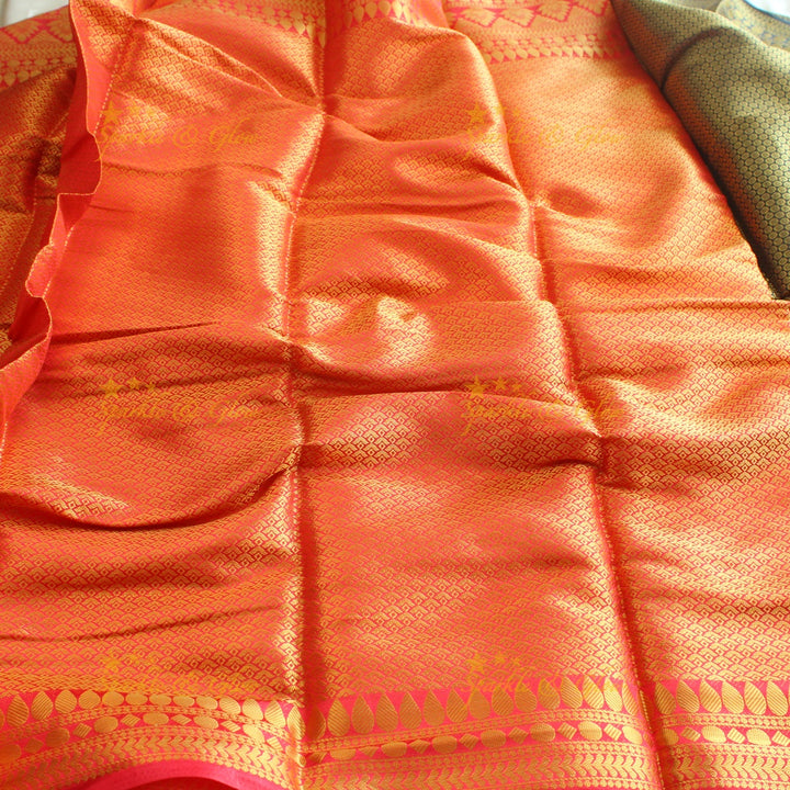 Gorgeous red saree with ink blue pallu kubera pattu soft silk saree with blouse piece - Red