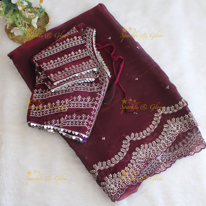 Elegant Magenta colour organza saree with readymade blouse