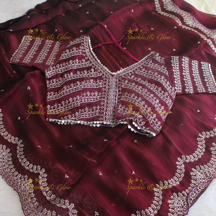 Elegant Magenta colour organza saree with readymade blouse