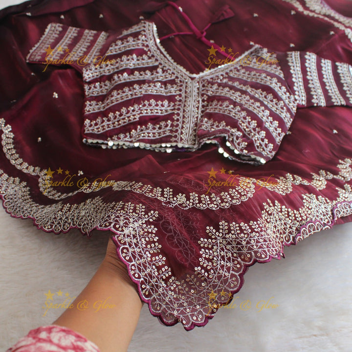 Elegant Magenta colour organza saree with readymade blouse
