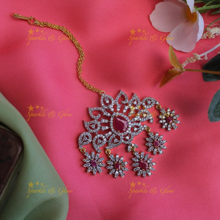 Stunning Mango Floral design GJ polish Maang Tikka - Purple - Sparkle and Glow - Pink - 