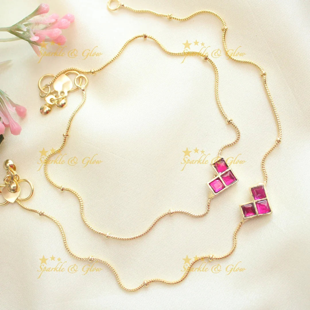 Pretty three pink jadau stones designs gold anklets - Sparkle and Glow