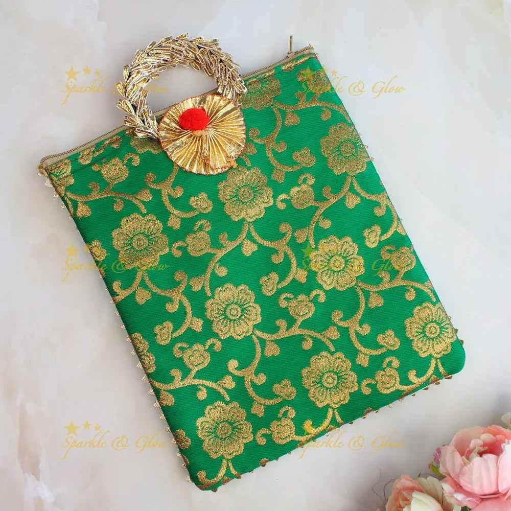 Stunning floral design potli bags - set of 10 - Assorted colours for return gifts - Sparkle and Glow