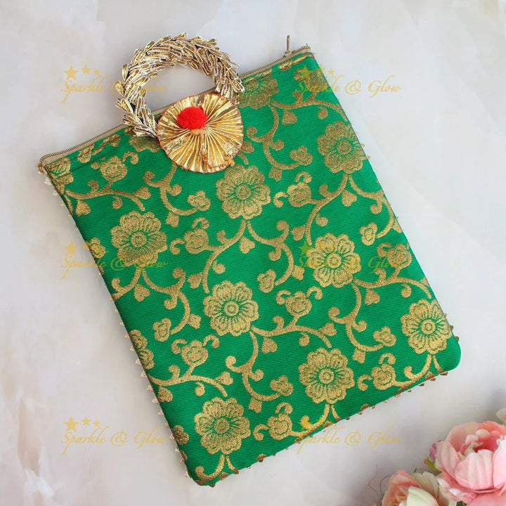 Stunning floral design potli bags - set of 10 - Assorted colours for return gifts - Sparkle and Glow