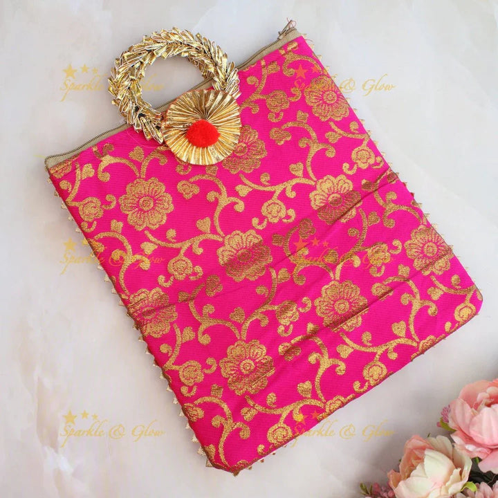 Stunning floral design potli bags - set of 10 - Assorted colours for return gifts - Sparkle and Glow