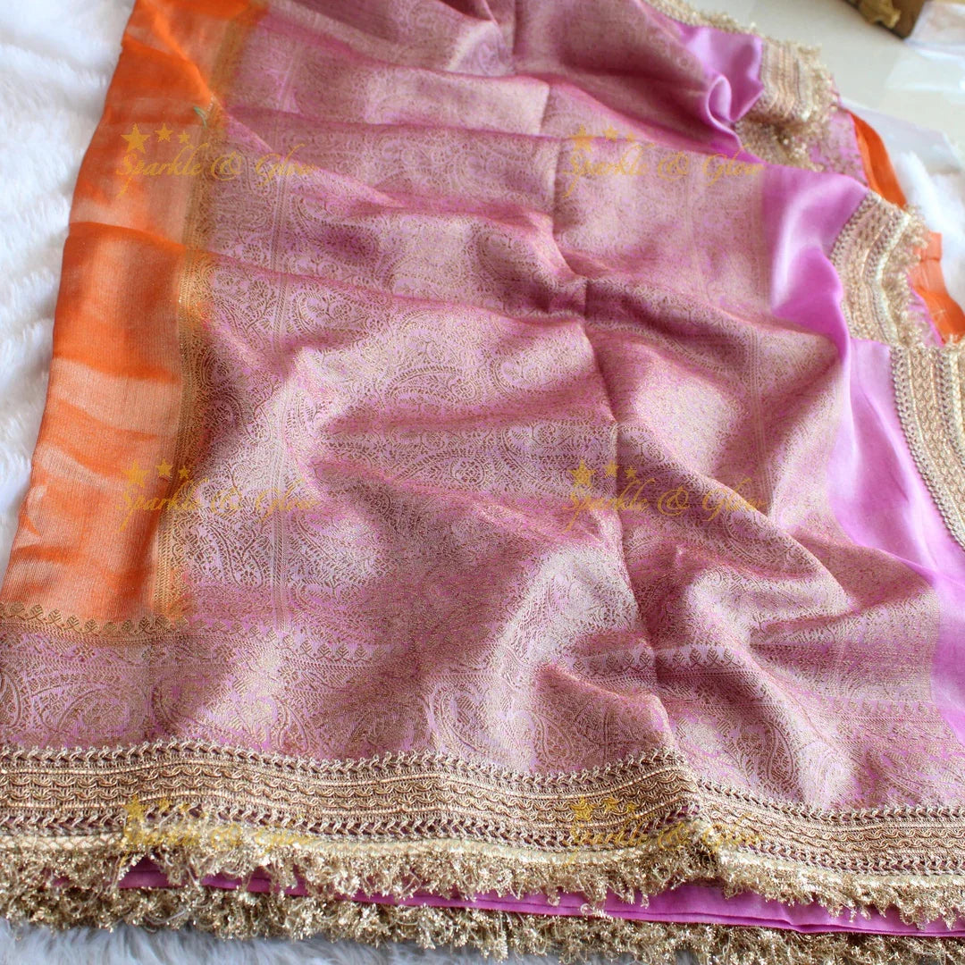 Beautiful multi colour banarasi tissue silk saree with lace attached with blouse piece - Sparkle and Glow