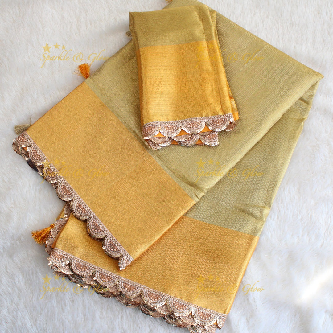 Beautiful light gold colour banarasi tissue silk saree with lace attached with blouse piece