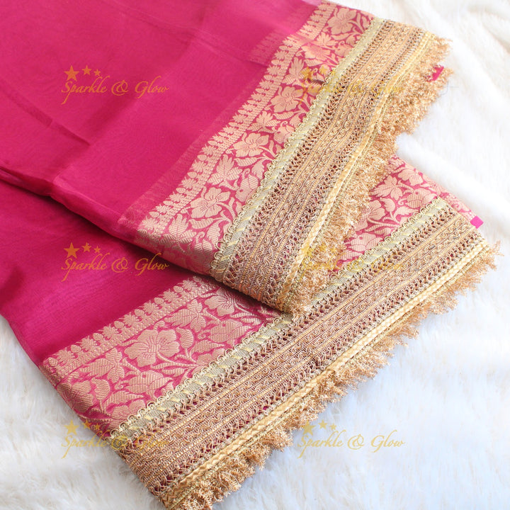 Beautiful pink colour banarasi tissue silk saree with lace attached with blouse piece