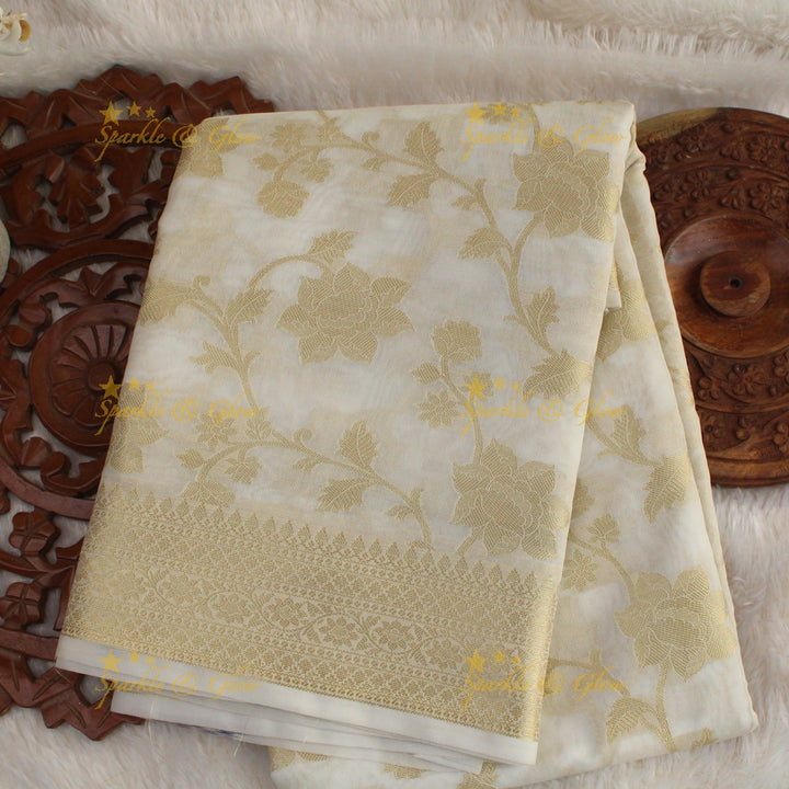 Beautiful white and gold colour floral print Banarasi Tissue Silk saree with blouse piece - White