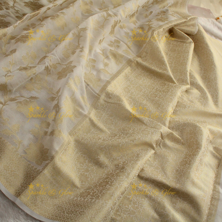 Beautiful white and gold colour floral print Banarasi Tissue Silk saree with blouse piece - White