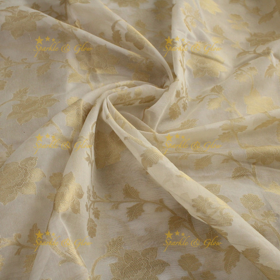 Beautiful white and gold colour floral print Banarasi Tissue Silk saree with blouse piece - White