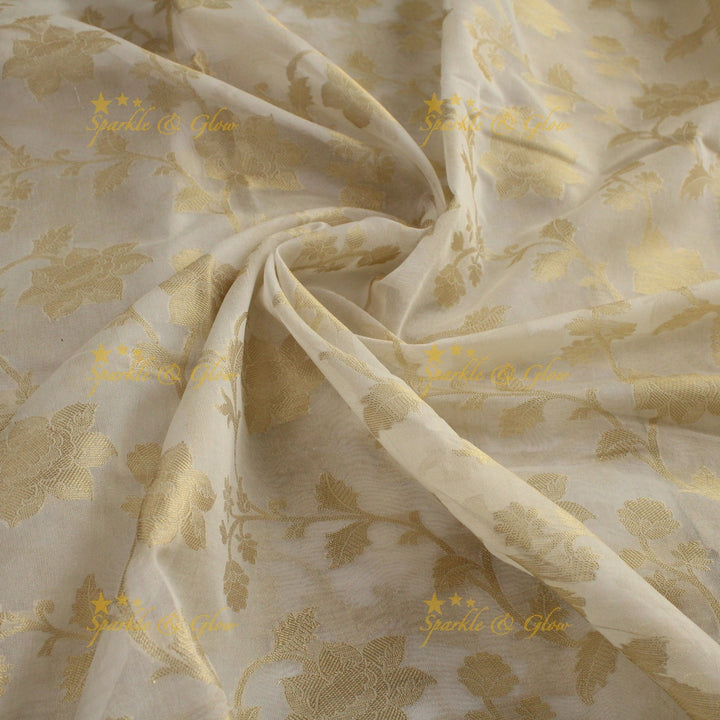 Beautiful white and gold colour floral print Banarasi Tissue Silk saree with blouse piece - White