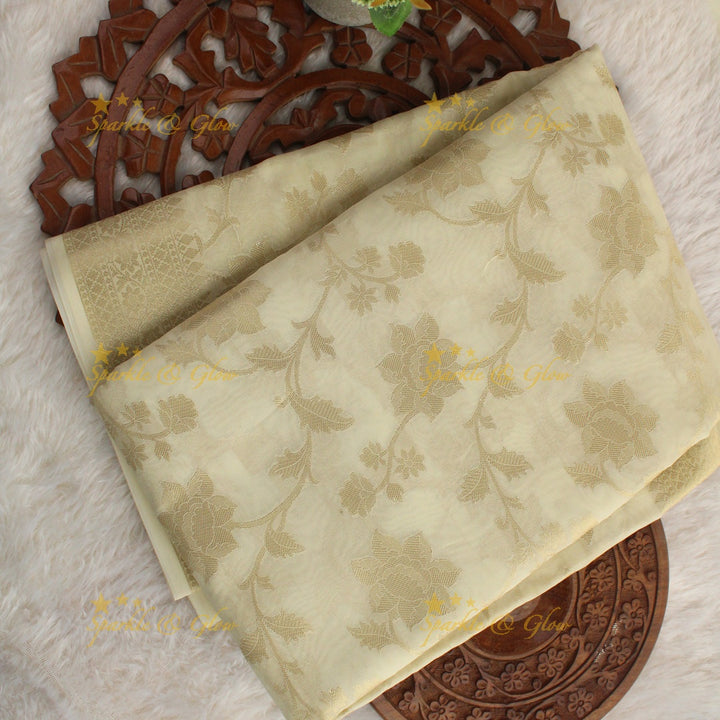 Beautiful white and gold colour floral print Banarasi Tissue Silk saree with blouse piece - White