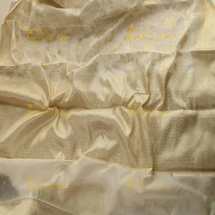 Beautiful white and gold colour floral print Banarasi Tissue Silk saree with blouse piece - White
