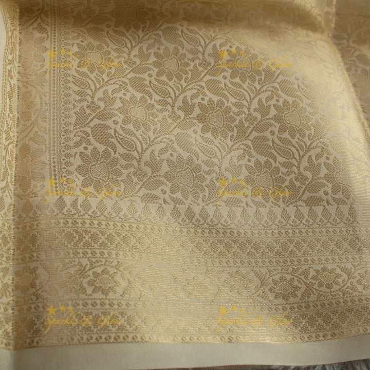 Beautiful white and gold colour floral print Banarasi Tissue Silk saree with blouse piece - White