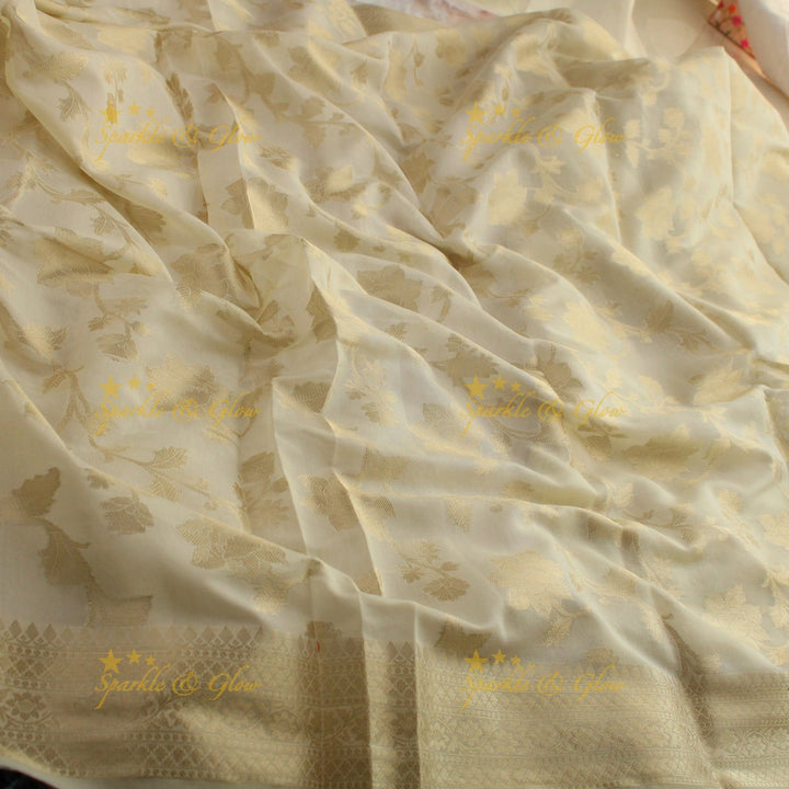 Beautiful white and gold colour floral print Banarasi Tissue Silk saree with blouse piece - White