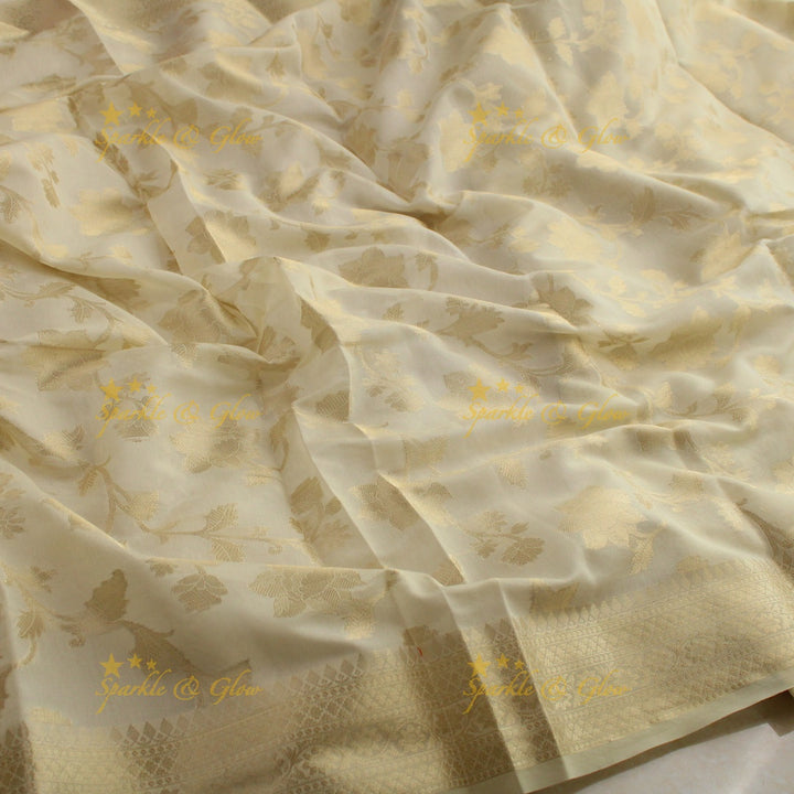 Beautiful white and gold colour floral print Banarasi Tissue Silk saree with blouse piece - White