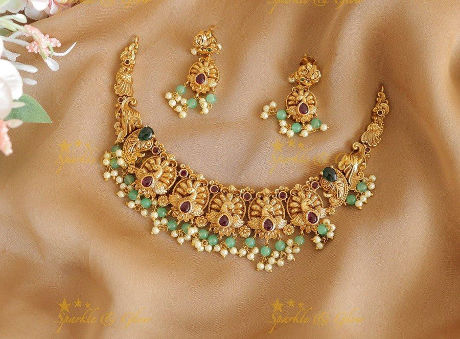 Antique Gold alike Peacock Necklace Set with Green & Pearl Beads - Sparkle and Glow