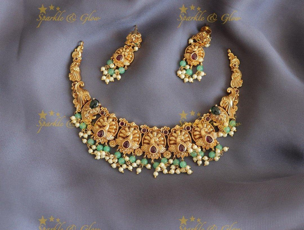 Antique Gold alike Peacock Necklace Set with Green & Pearl Beads - Sparkle and Glow