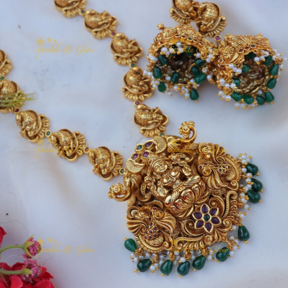 Elegant Idol Lakshmi Peacock Floral carved Haram with green beads - Sparkle and Glow - 