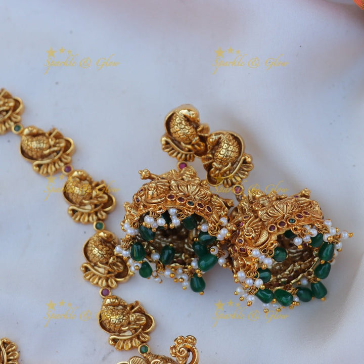 Elegant Idol Lakshmi Peacock Floral carved Haram with green beads - Sparkle and Glow - 