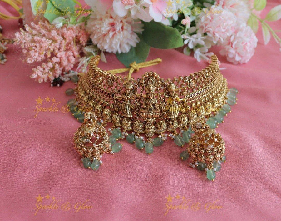Antique Gold alike Lakshmi Choker Set with Green Beads & Jhumka Earrings - Sparkle and Glow