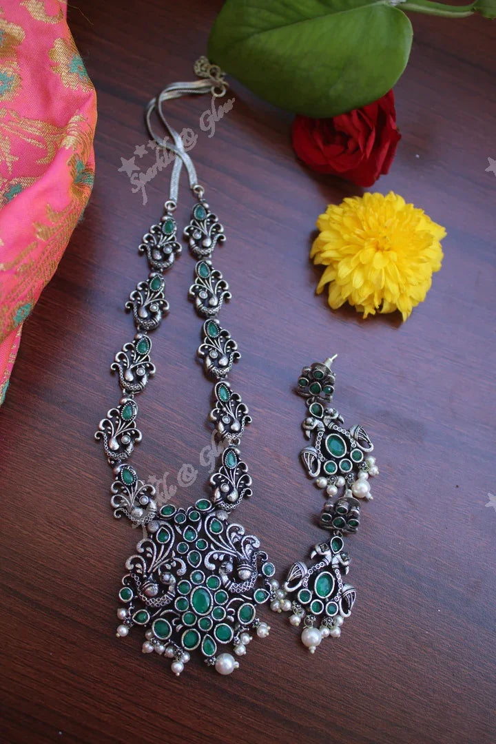 Oxidised silver peacock stone necklace - Pink - Sparkle and Glow