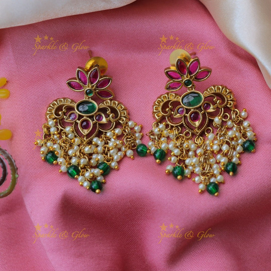 Beautiful stone work and gold plated floral earrings - Pink Green - Sparkle and Glow - Pink Green - 