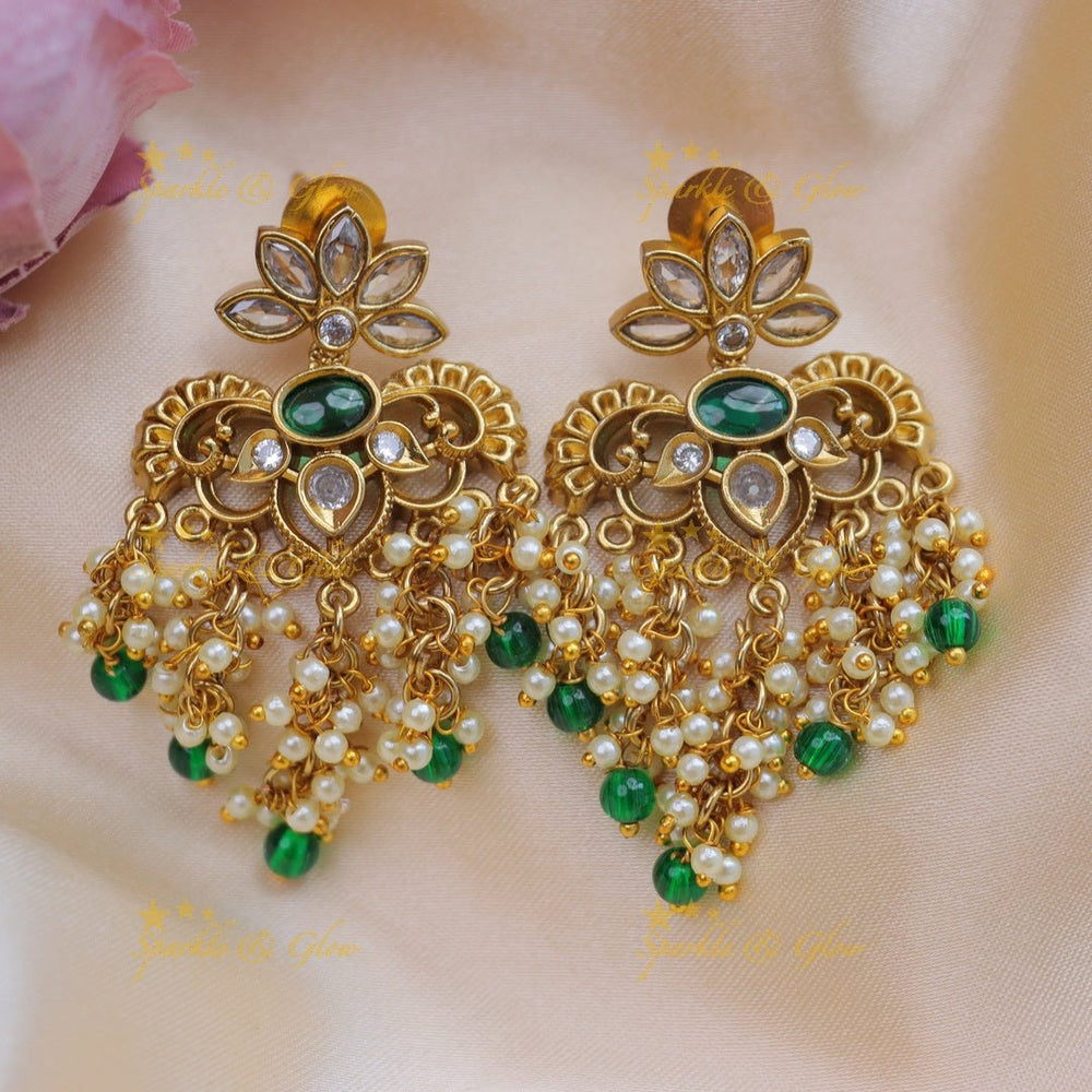 Beautiful stone work and gold plated floral earrings - Pink Green - Sparkle and Glow - Pink White - 