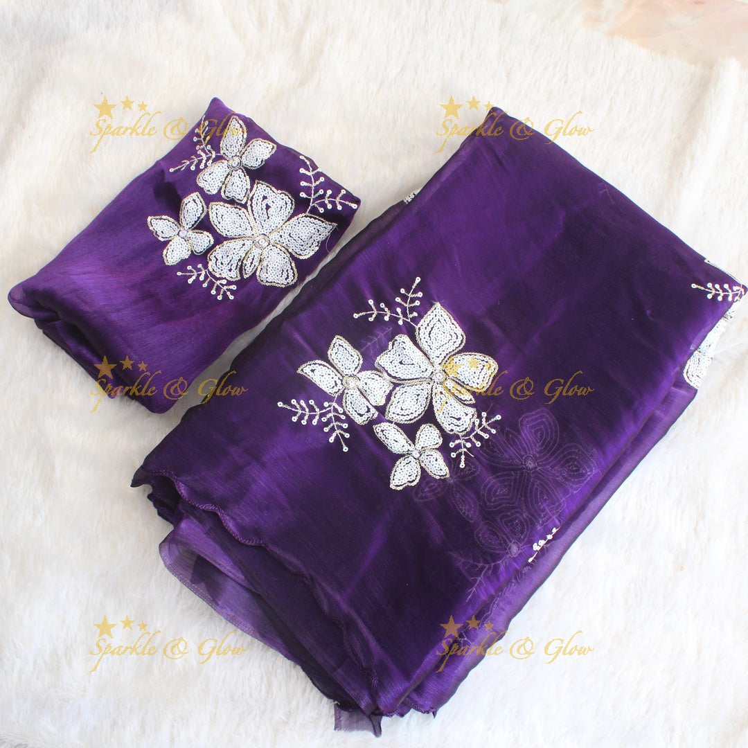 Pretty Purple colour organza saree floral sequen work with blouse piece