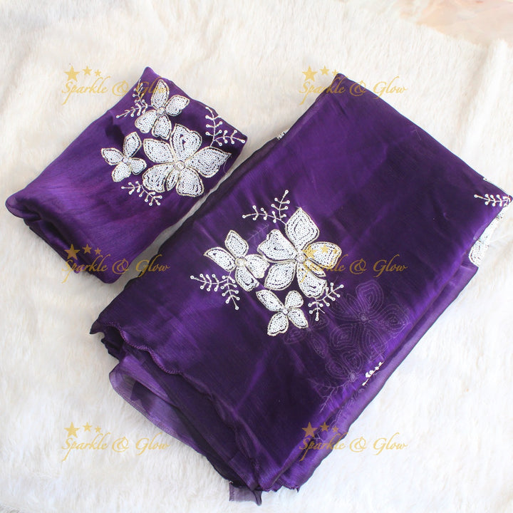 Pretty Purple colour organza saree floral sequen work with blouse piece