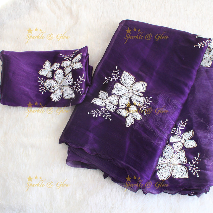 Pretty Purple colour organza saree floral sequen work with blouse piece